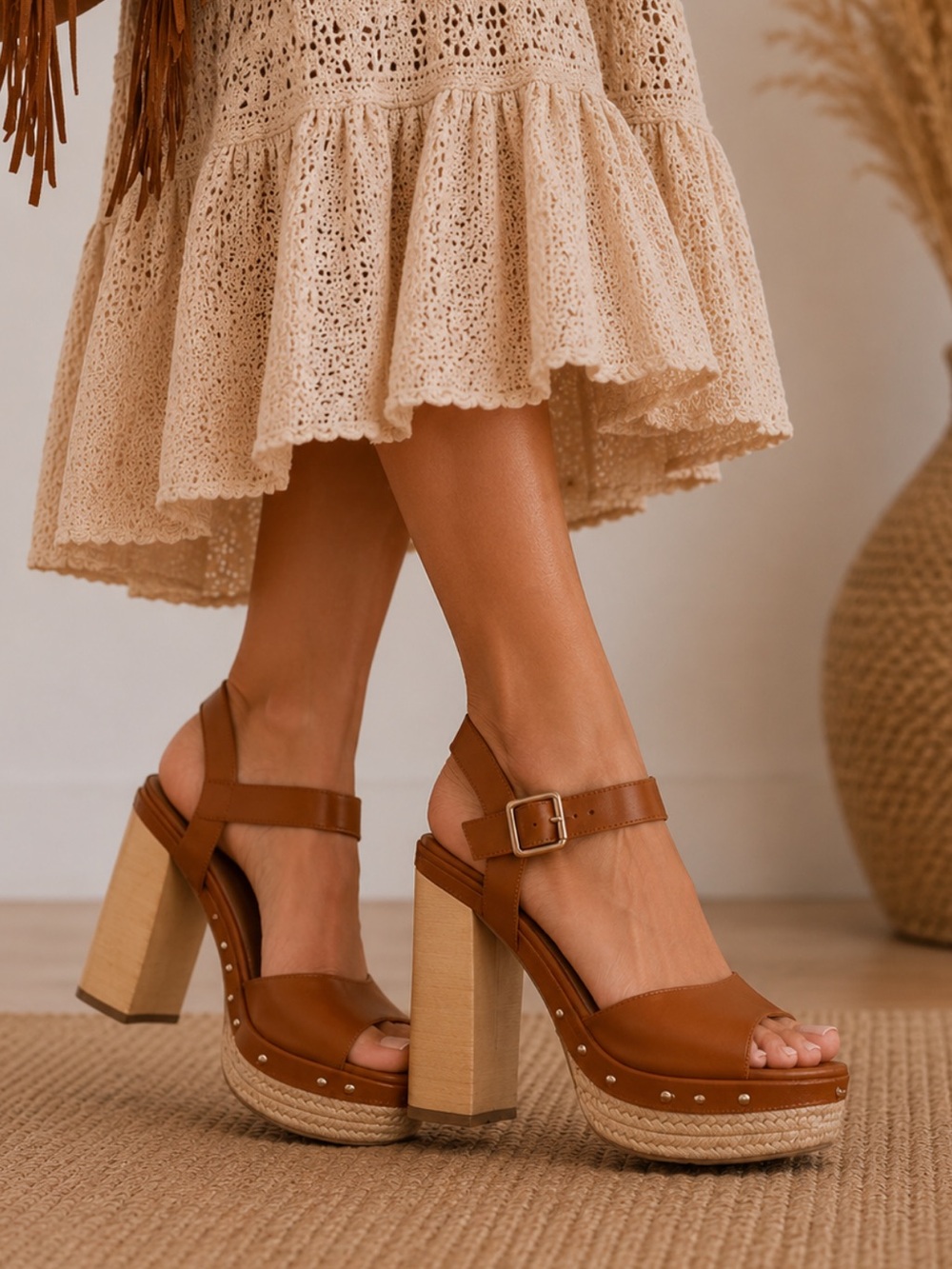 Sun + Stone size 9.5  M Teagann Faux
Leather Open Toe platform Pumps Cognac
